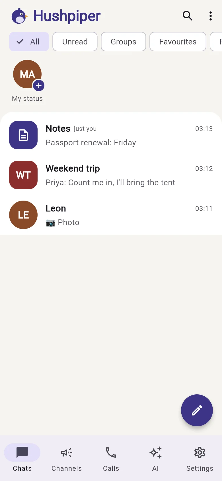 The chat list: a chat with Leon, a group called Weekend trip, and a Notes chat just for yourself.