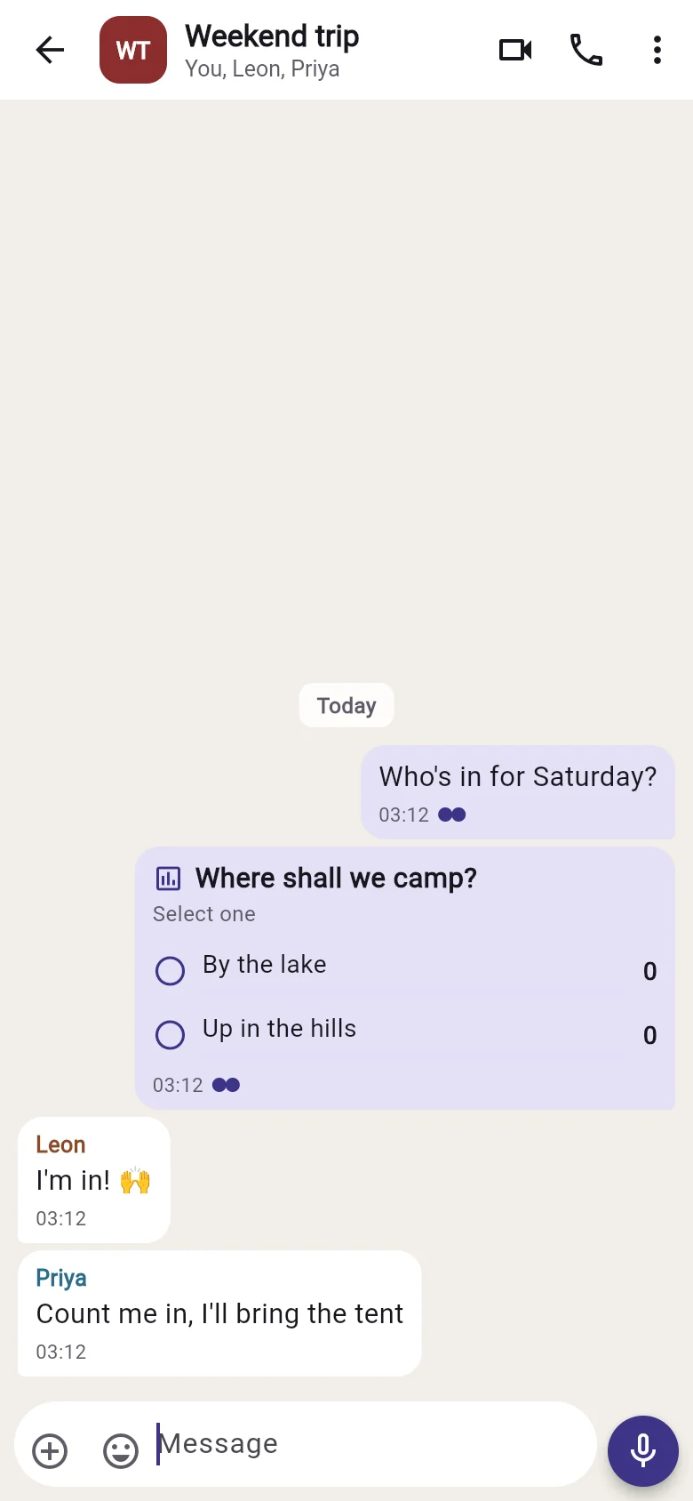 A group called Weekend trip with a poll: Where shall we camp? By the lake, or up in the hills.